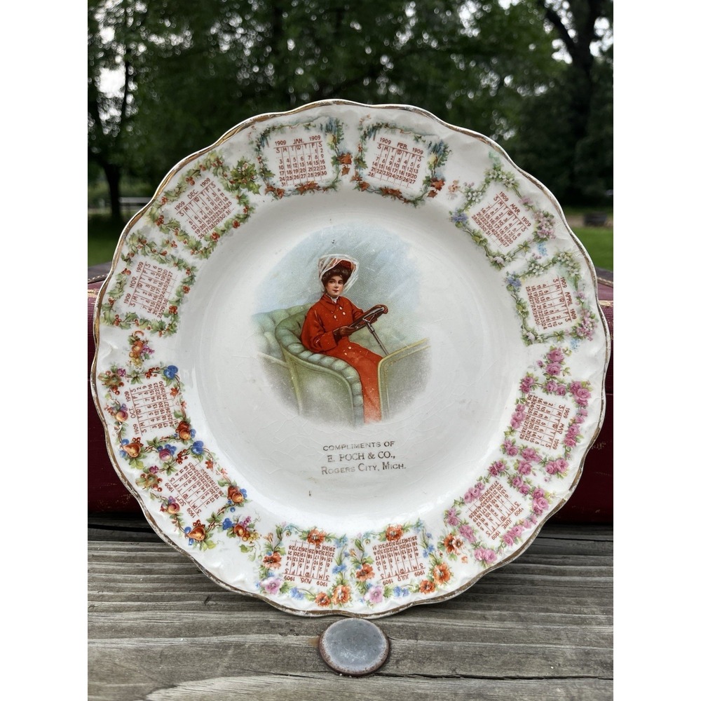 Woman Driving Car 1909 Advertising Plate, E Poch & Co Rogers City, Mich